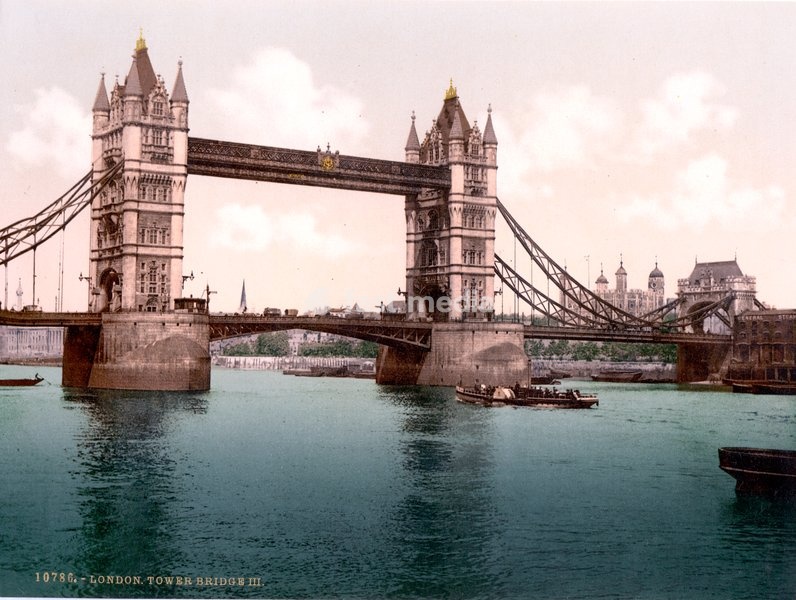 Tower Bridge, a truss bridge over the River Thames in London, ca 1895, England, historical, digitally restored reproduction from a 19th century original