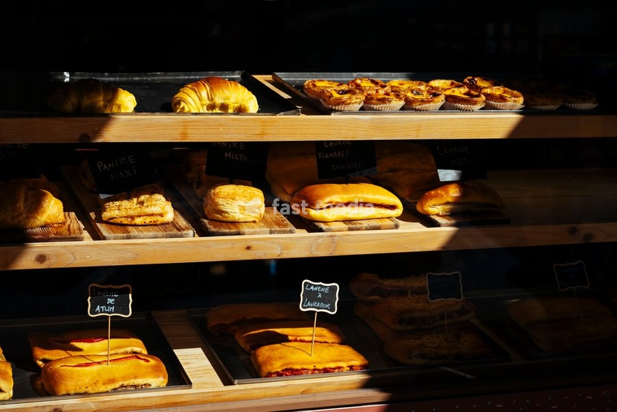 Food on display at bakery, Porto, Porto District, Portugal