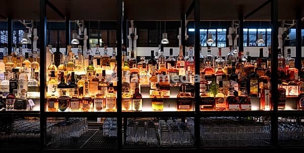 Interior shot, various types of whisky, whisky bar, Time Out Market, Lisbon, Portugal, Europe