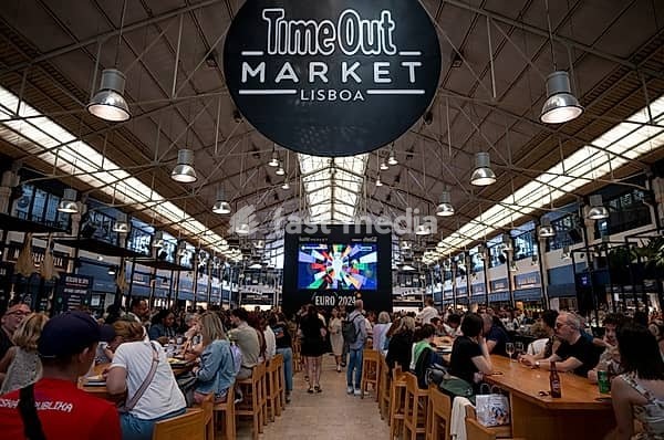 Interior shots, restaurants, events, food, TV broadcasts in the Time Out Market during EURO 2024, Lisbon, Portugal, Europe