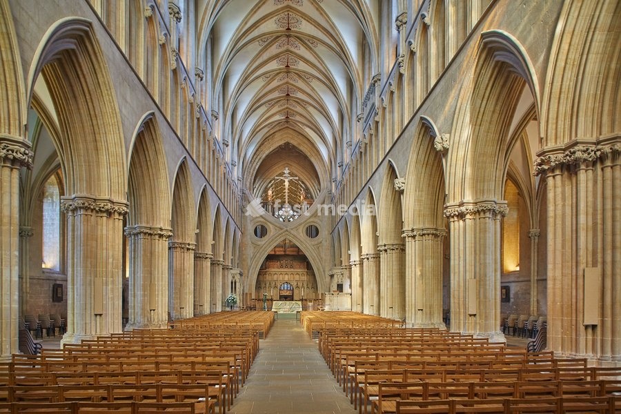 The central nave in historic Wells Cathedral, in Wells, Somerset, England, United Kingdom, Europe