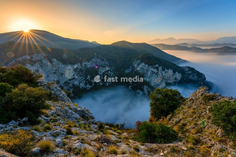 River Condigliano in the fog, Furlo Gorge, Marche, Italy, Europe