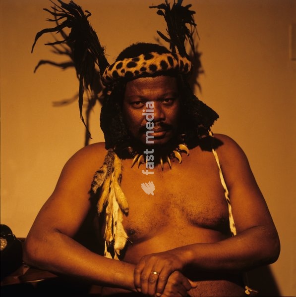 Portrait of Chief Mangosuthu Buthelezi wearing traditional attire