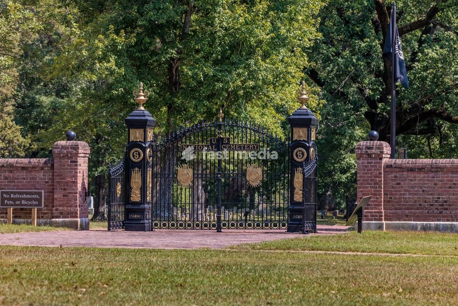 Iron gates at the entrance to the US National Cemetery in the Shiloh National Military Park in Pittsburg Landing, Tennessee