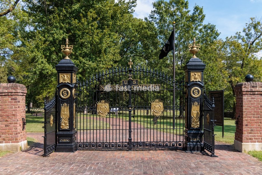 Iron gates at the entrance to the US National Cemetery in the Shiloh National Military Park in Pittsburg Landing, Tennessee
