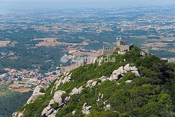 Old castle wall on a wooded hill with sweeping views over the countryside, castle complex, Moorish castle, Castelo dos Mouros, part of the Sintra Cultural Landscape, Sintra, Lisbon, Portugal, Europe