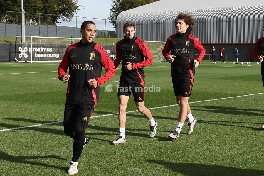 Belgium's Youri Tielemans, Belgium's Timothy Castagne and Belgium's Wout Faes pictured during a training session of the Belgian national soccer team Red Devils, at the Royal Belgian Football Association's training center, in Tubize, Sunday 13 October 2024. The Red Devils are playing against France…
