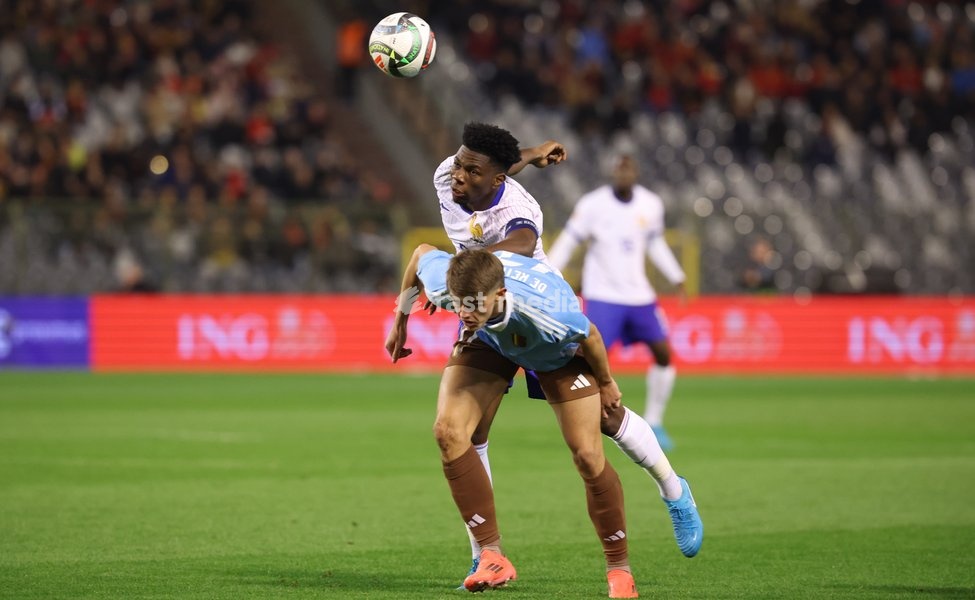 France's Aurelien Tchouameni and Belgium's Charles De Ketelaere fight for the ball during a soccer game between Belgian national soccer team Red Devils and France, match 4 (out of 6) in the League A Group 2 of the UEFA Nations League 2025 competition, Monday 14 October 2024 in Brussels