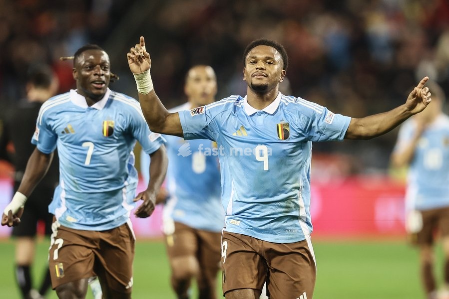 Belgium's Lois Openda celebrates after scoring during a soccer game between Belgian national soccer team Red Devils and France, match 4 (out of 6) in the League A Group 2 of the UEFA Nations League 2025 competition, Monday 14 October 2024 in Brussels