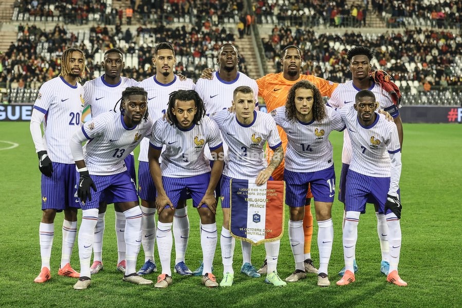 France's players pictured at the start of a soccer game between Belgian national soccer team Red Devils and France, match 4 (out of 6) in the League A Group 2 of the UEFA Nations League 2025 competition, Monday 14 October 2024 in Brussels