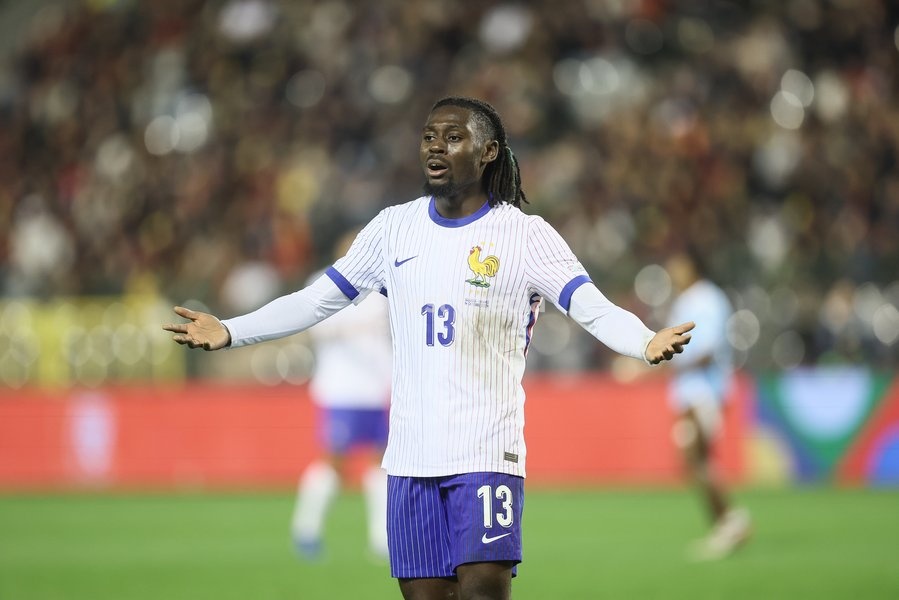 France's Manu Kone reacts during a soccer game between Belgian national soccer team Red Devils and France, match 4 (out of 6) in the League A Group 2 of the UEFA Nations League 2025 competition, Monday 14 October 2024 in Brussels