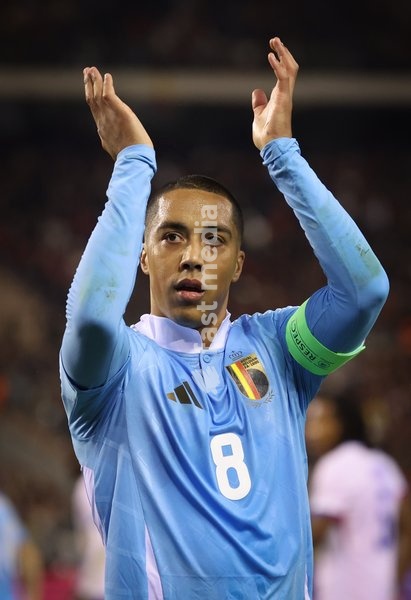 Belgium's Youri Tielemans gestures during a soccer game between Belgian national soccer team Red Devils and France, match 4 (out of 6) in the League A Group 2 of the UEFA Nations League 2025 competition, Monday 14 October 2024 in Brussels