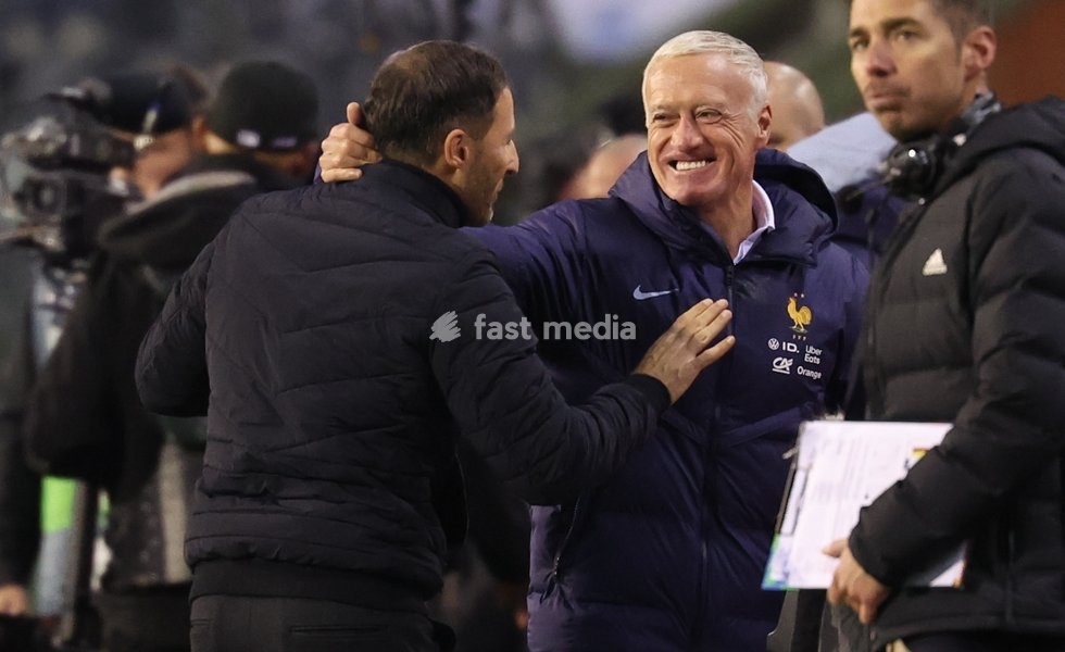 Belgium's head coach Domenico Tedesco and France's head coach Didier Deschamps pictured after a soccer game between Belgian national soccer team Red Devils and France, match 4 (out of 6) in the League A Group 2 of the UEFA Nations League 2025 competition, Monday 14 October 2024 in Brussels