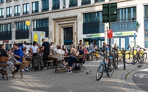 Etterbeek, Brussels Capital Region, Belgium, 09 20 2020, People having a drink at a terrace during the car free sunday, Europe