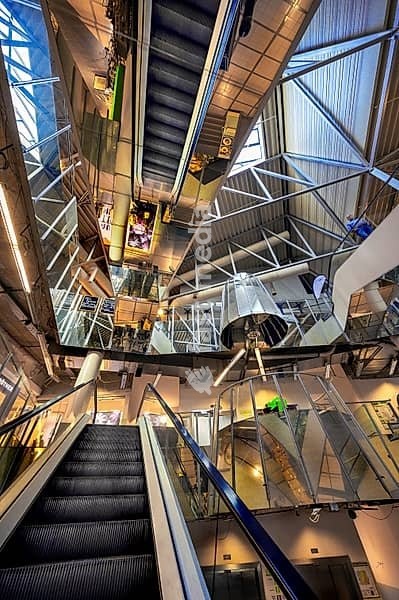 Shopping centre, the Fenepark, entrance area with escalators, Kempten, Allgäu, Bavaria, Germany, Europe