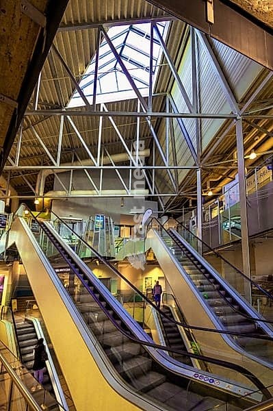 Shopping centre, the Fenepark, entrance area with escalators, Kempten, Allgäu, Bavaria, Germany, Europe