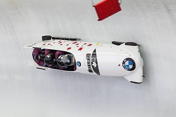 Bobsleigh athlete Chris Spring of Canada competes with Joshua Kirkpatrick, Lascelles Brown and Samuel Giguere during the BMW IBSF World Cup Bob at Deutsche Post Eisarena on February 28, 2016 in Königssee, Germany, Europe