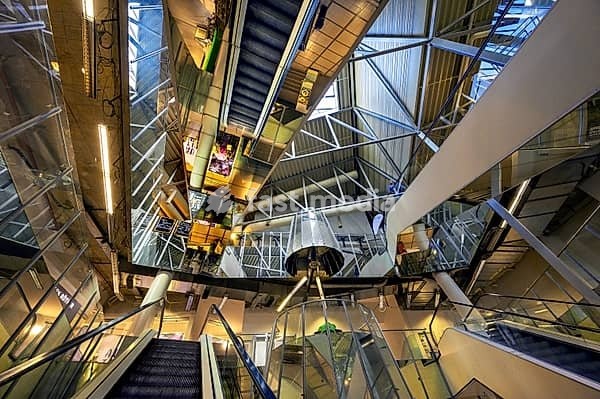 Shopping centre, the Fenepark, entrance area with escalators, Kempten, Allgäu, Bavaria, Germany, Europe