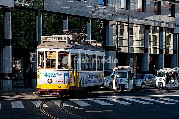 Lisbon, Portugal, October 20 2018 : Traditional local transportation tram at alfama area at Lisbon city in Portugal, Europe