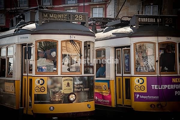 Lisbon, Portugal, October 20 2018 : Traditional local transportation tram at alfama area at Lisbon city in Portugal, Europe