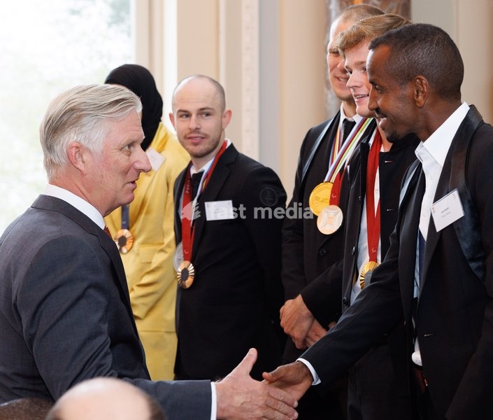 King Philippe - Filip of Belgium, Belgian Paralympian athlete Tim Celen , Belgian Paralympian athlete Ewoud Vromant, Belgian Paralympian athlete Laurens Devos and Belgian athlete Bashir Abdi pictured during a royal meeting with the olympic athletes, in Brussels, Thursday 07 November 2024. This…