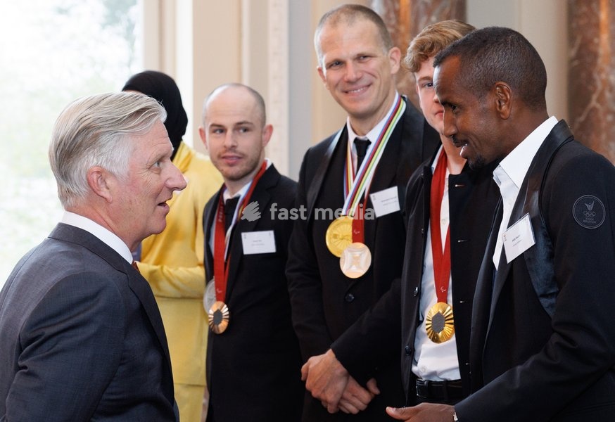 King Philippe - Filip of Belgium, Belgian Paralympian athlete Tim Celen , Belgian Paralympian athlete Ewoud Vromant, Belgian Paralympian athlete Laurens Devos and Belgian athlete Bashir Abdi pictured during a royal meeting with the olympic athletes, in Brussels, Thursday 07 November 2024. This…