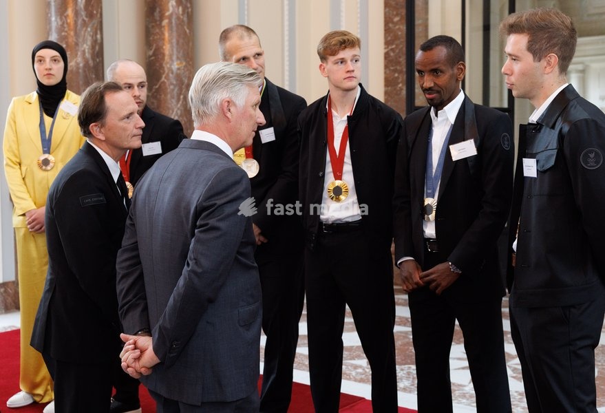 BOIC-COIB's president Jean-Michel Saive, King Philippe - Filip of Belgium, Belgian taekwondoka Sarah Chaari, Belgian Paralympian athlete Tim Celen , Belgian Paralympian athlete Ewoud Vromant, Belgian Paralympian athlete Laurens Devos, Belgian athlete Bashir Abdi and Belgian cyclist Fabio Van den…