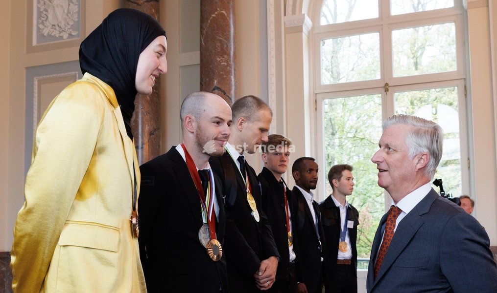 Belgian taekwondoka Sarah Chaari, Belgian Paralympian athlete Tim Celen , Belgian Paralympian athlete Ewoud Vromant, Belgian Paralympian athlete Laurens Devos, Belgian athlete Bashir Abdi, Belgian cyclist Fabio Van den Bossche and King Philippe - Filip of Belgium pictured during a royal meeting…