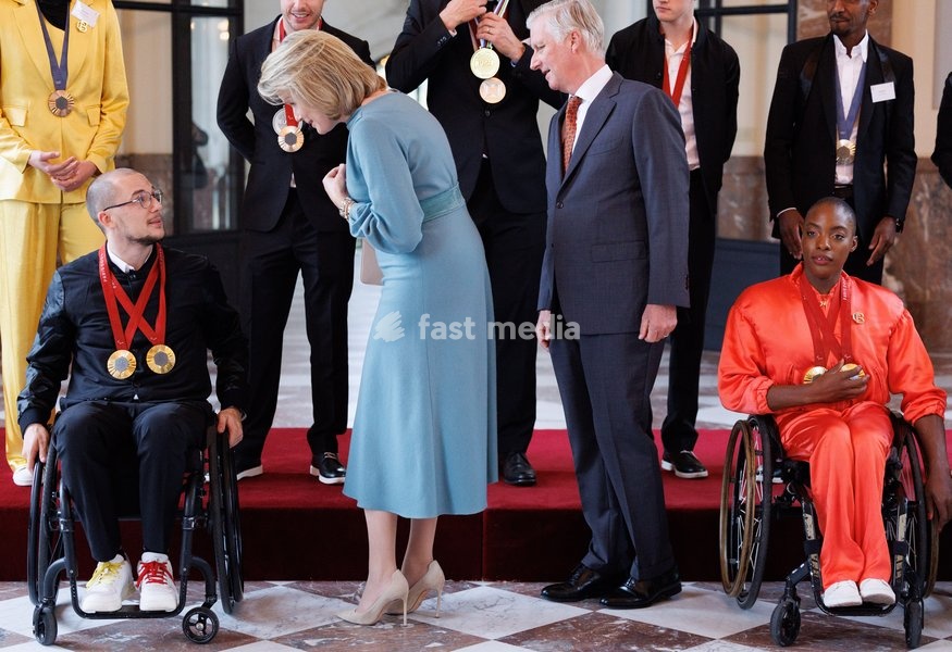 Belgian Paralympian athlete Maxime Carabin, Queen Mathilde of Belgium, King Philippe - Filip of Belgium and Belgian Paralympian athlete Lea Bayekula pictured during a royal meeting with the olympic athletes, in Brussels, Thursday 07 November 2024. This includes athletes who took part in the Olympic…