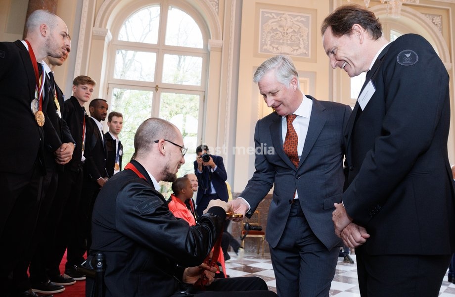 Belgian Paralympian athlete Maxime Carabin, King Philippe - Filip of Belgium and BOIC-COIB's president Jean-Michel Saive pictured during a royal meeting with the olympic athletes, in Brussels, Thursday 07 November 2024. This includes athletes who took part in the Olympic and Paralympic Games,as…