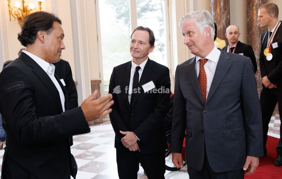 Belgian athlete Vidts' coach Fernando Oliva, BOIC-COIB's president Jean-Michel Saive and King Philippe - Filip of Belgium pictured during a royal meeting with the olympic athletes, in Brussels, Thursday 07 November 2024. This includes athletes who took part in the Olympic and Paralympic Games,as…