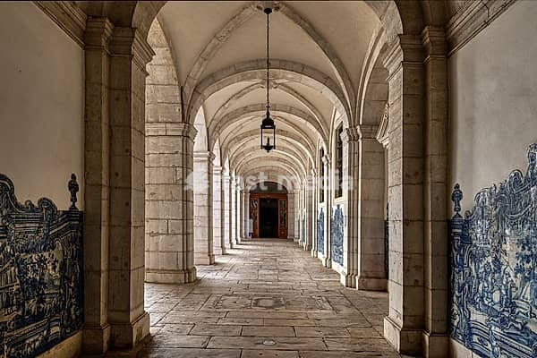 Church and Monastery of Sao Vicente de Fora, Cloister gallery with azulejo painted tiles, Lisbon, Portugal, Europe