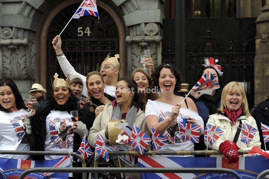 The Wedding of His Royal Highness Prince William of Wales and Catherine Middleton at Westminster Abbey, London. Public waiting for the wedding in Whitehall