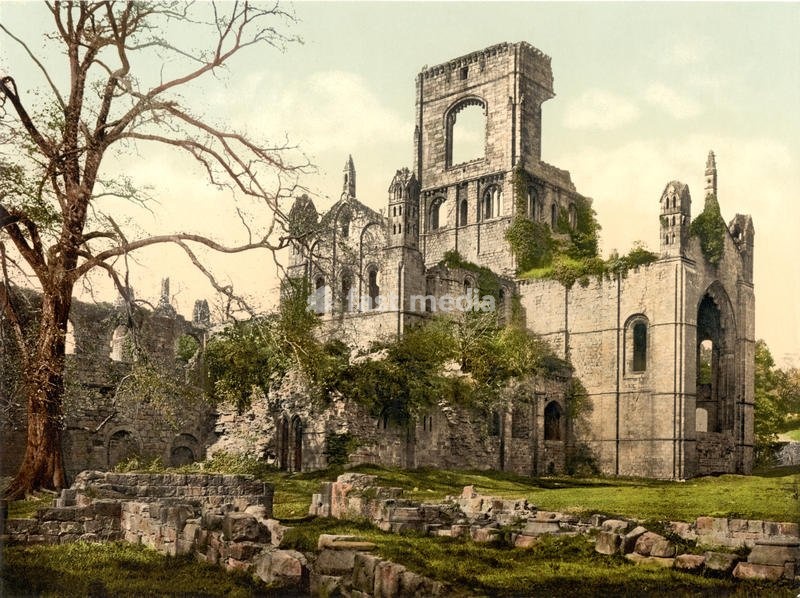 1900 ca , YORK , ENGLAND , GREAT BRITAIN : The Kirkstall Abbey . Photochrom by Detroit Publishing Company . - ENGLAND - GRAND BRETAGNA - VIEW - FOTO STORICHE - HISTORY - GEOGRAFIA - GEOGRAPHY - ARCHITETTURA - ARCHITECTURE - OTTOCENTO - 800's - '800 - EPOCA VITTORIANA - VICTORIAN HERA - STILE GOTICO…