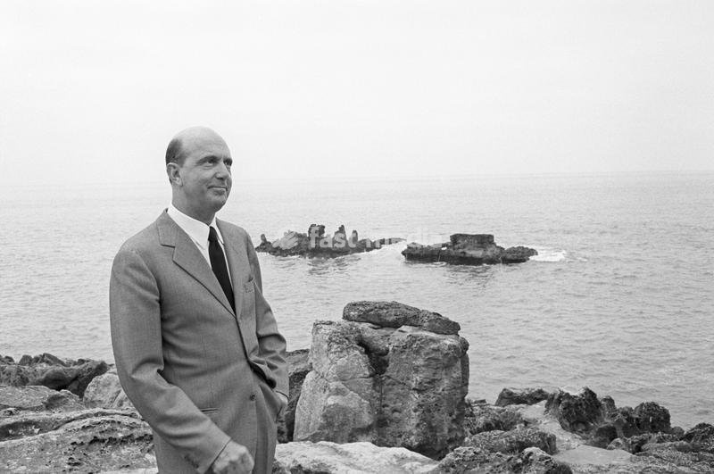 The last King of Italy Umberto II (Umberto Nicola Tommaso Giovanni Maria di Savoia) in exile in Cascais smiling on a cliff. Cascais, 1960s