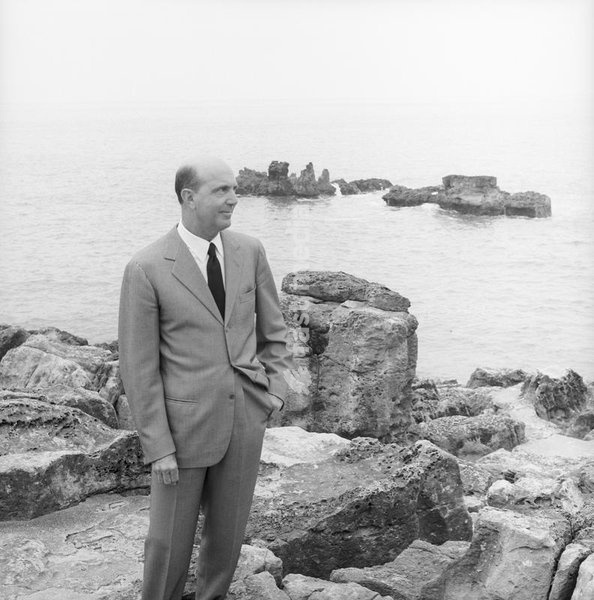 The last King of Italy Umberto II (Umberto Nicola Tommaso Giovanni Maria di Savoia) in exile in Cascais looking at the sea from a cliff. Cascais, 1960s