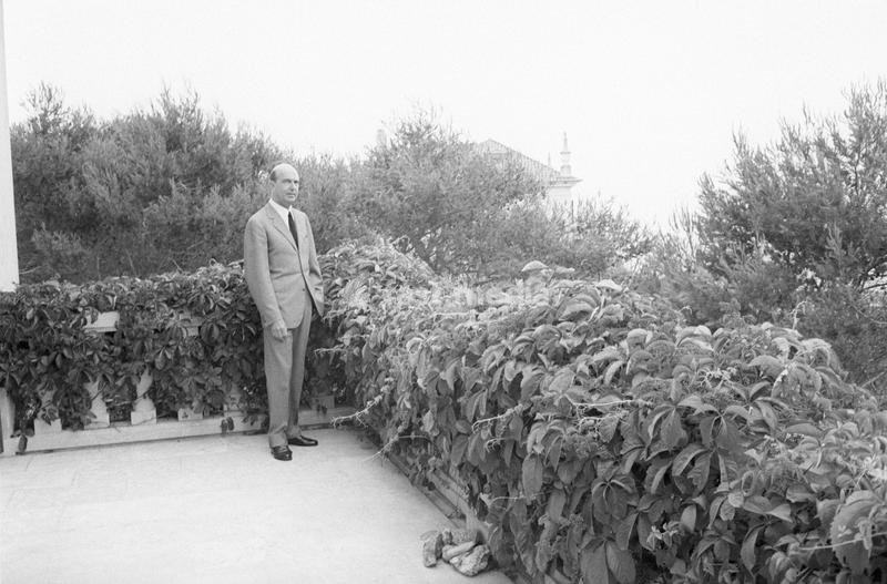 The last King of Italy Umberto II (Umberto Nicola Tommaso Giovanni Maria di Savoia) standing still on the balcony of the villa where he spends his exile. Cascais, 1960s