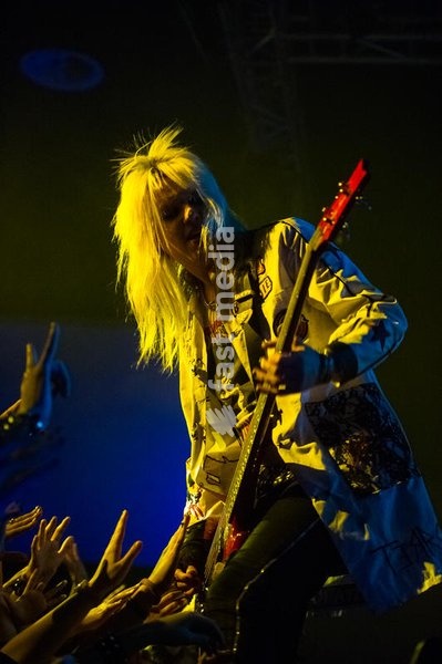 The Swedish sleaze metal band Crashdiet performs on the stage of the Factory in Milan. Milan (Italy), May 17th, 2013