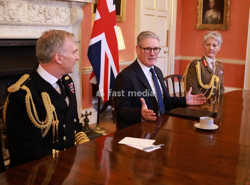 Sir Keir Starmer British Prime Minister meets defence chiefs in Downing Street today with l to r Admiral Sir Tony Radakin General Dame Sharon Nesmith DCB ADC