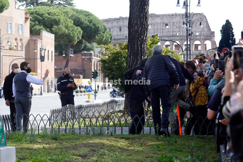 Actor Tom Cruise greeting his fans on the set of the film Mission Impossible 7 at Imperial Fora in Rome. Rome (Italy), October 13th 2020
