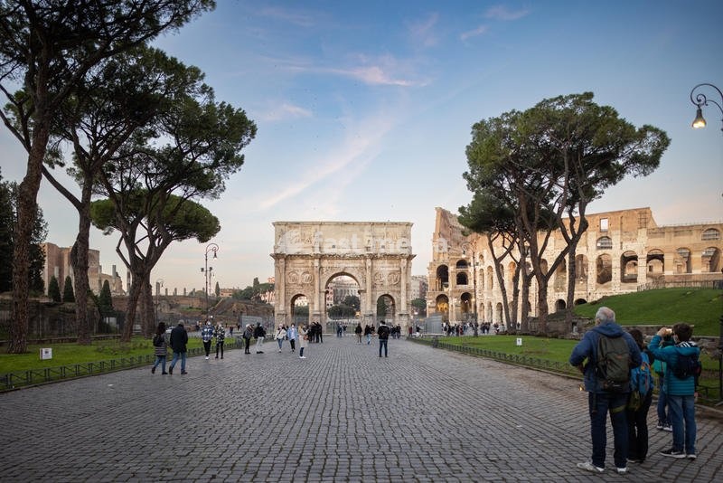 View of the Arch of Constantine and the Flavian amphitheater - Colosseum. Rome (Italy), December 31st, 2021 SPECIAL FEE - CONTACT US FOR NOT EDITORIAL USAGE