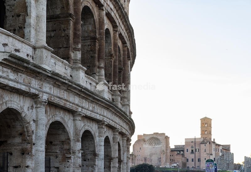 Detail of the arches of the Flavian Amphitheater - Colosseum. Rome (Italy), December 31st, 2021 SPECIAL FEE - CONTACT US FOR NOT EDITORIAL USAGE