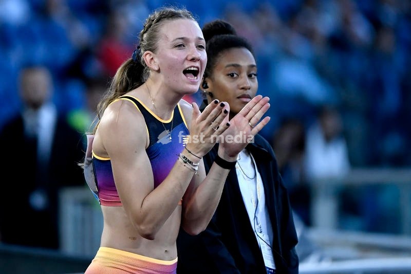 Femke Bol of the Netherlands cheers for his teammate Liemarvin Bonevacia (not pictured) during the 400m men of the IAAF Diamond League Golden Gala meeting at Olimpic stadium in Rome (Italy), June 9th, 2022