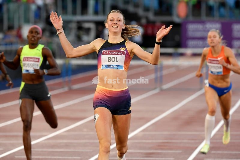 Femke Bol of the Netherlands celebrates after compete in the 400m hurdles Women during the IAAF Diamond League Golden Gala meeting at Olimpic stadium in Rome (Italy), June 9th, 2022. Femke Bol placed first