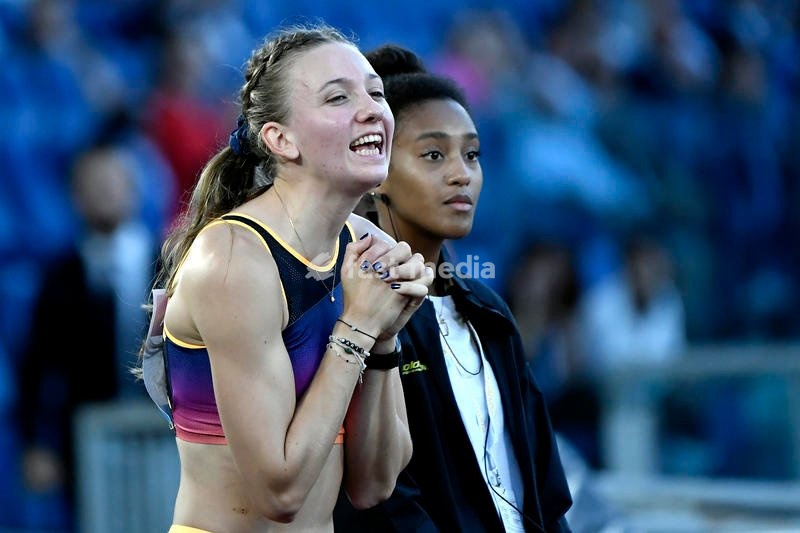 Femke Bol of the Netherlands cheers for his teammate Liemarvin Bonevacia (not pictured) during the 400m men of the IAAF Diamond League Golden Gala meeting at Olimpic stadium in Rome (Italy), June 9th, 2022