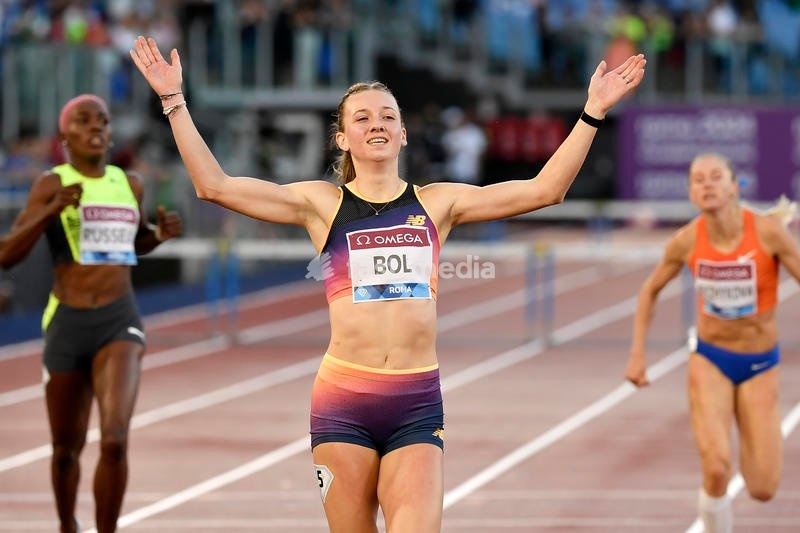 Femke Bol of the Netherlands celebrates after compete in the 400m hurdles Women during the IAAF Diamond League Golden Gala meeting at Olimpic stadium in Rome (Italy), June 9th, 2022. Femke Bol placed first