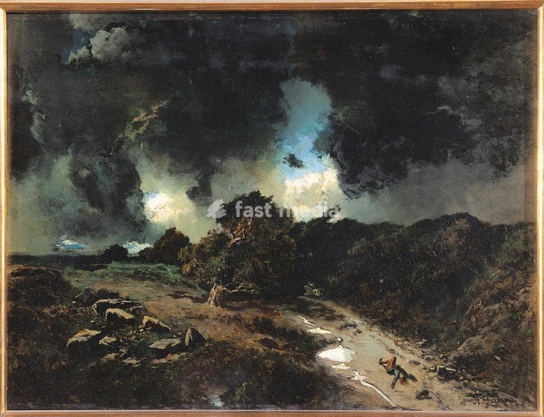 Italy, Emilia Romagna, Parma, Glauco Lombardi Museum. All. Man shot dead path stormy sky vengeance revenge puddles