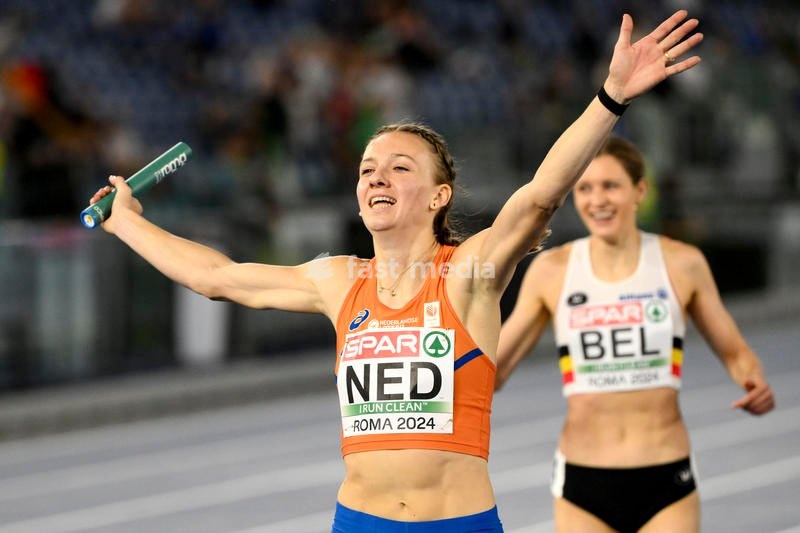 Femke Bol of The Netherlands celebrates after competing in the 4x400m relay women during the European Athletics Championships at Olimpico stadium. Rome (Italy), June 12nd, 2024. Team of the Netherlands placed first winning the gold medal
