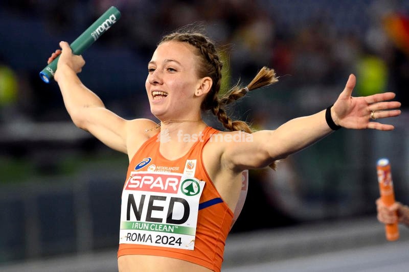 Femke Bol of The Netherlands celebrates after competing in the 4x400m relay women during the European Athletics Championships at Olimpico stadium. Rome (Italy), June 12nd, 2024. Team of the Netherlands placed first winning the gold medal