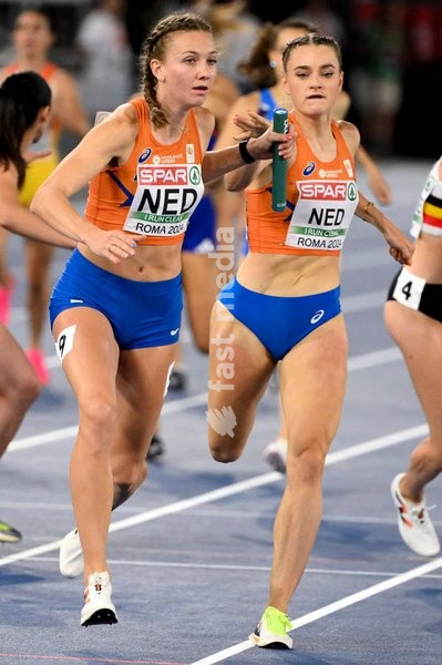 Lisanne De Witte (r) and Femke Bol of The Netherlands compete in the 4x400m relay women during the European Athletics Championships at Olimpico stadium. Rome (Italy), June 12nd, 2024. Team of the Netherlands placed first winning the gold medal